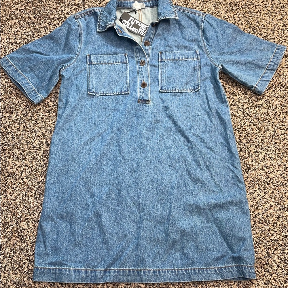 Future Collective Women's Soft Blue Denim Mini Shirtdress Size Medium | NWT - Picture 3 of 7